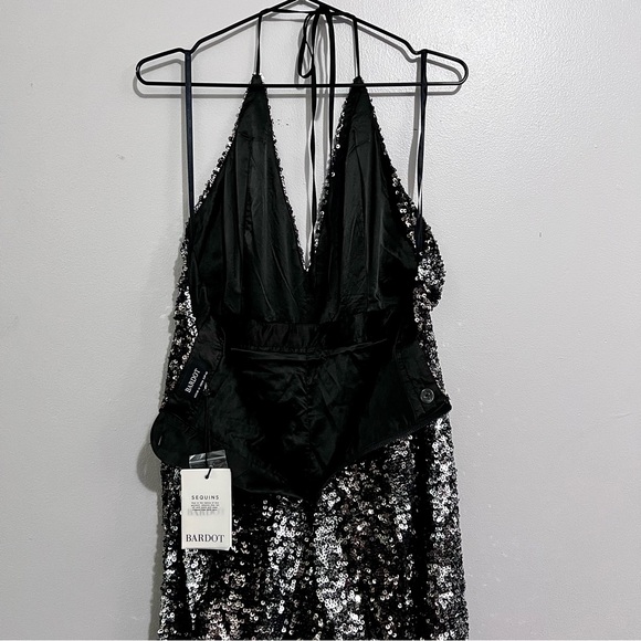 NWT Bardot Disco Barbie Silver, Champagne Gold, & Midnight Black Sequin Jumpsuit - Picture 12 of 16